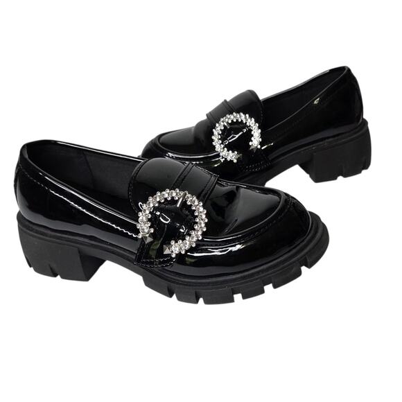 Steve Madden Girls Faux Black Patent Leather w Embellished Buckle SZ 1 Youth - Picture 1 of 11